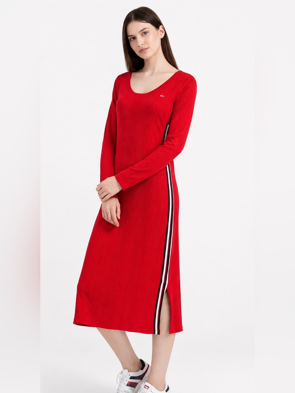 Tommy Jeans Ribbed Midi Dress Side Stripe Logo Red Long Sleeve Size Small NWT